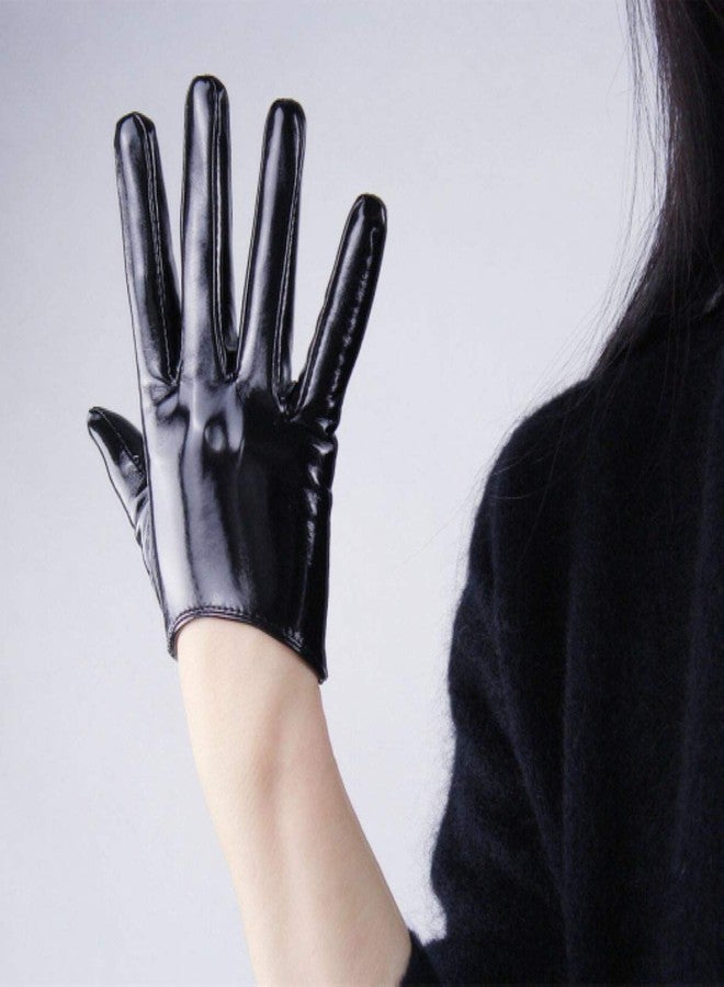 DooWay Black Latex Women Short Gloves 6" 16cm Shine PU Leather Faux Patent Everyday Fashion Warm Gloves - Image 4